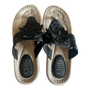 Cliffs White Mountain‎ Sandals Ladies Women 7.5 Black Floral Cupcake II Thong